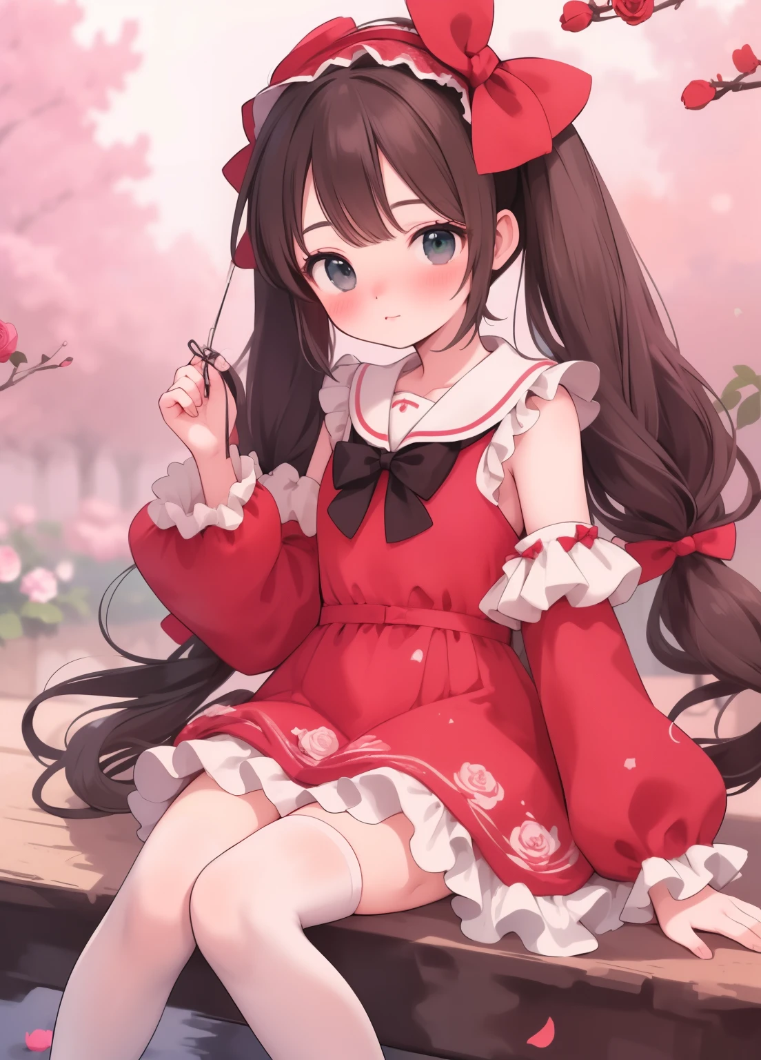 (masterpiece、Highest quality、Highest quality、Official Art、Beautiful and beautiful:1.2)、(One person:1.3)hatsune miku、Twin tails,Beautiful breasts, Katsushika Hokusai,One person, One personで, Knee socks, dress, Long sleeve, View your audience, red dress, blush, white Knee socks, flowerびら,Frills, Sleeves are longer than the wrist, Sitting, Puff sleeves, Blurred, Please raise your hand, hair band, Rose, flower, Mouth closed, bow, hair band, ribbon, Blurred foreground, black bow, Written boundary depth, frilled dress, zettai ryouiki, Shiny, Blurred background