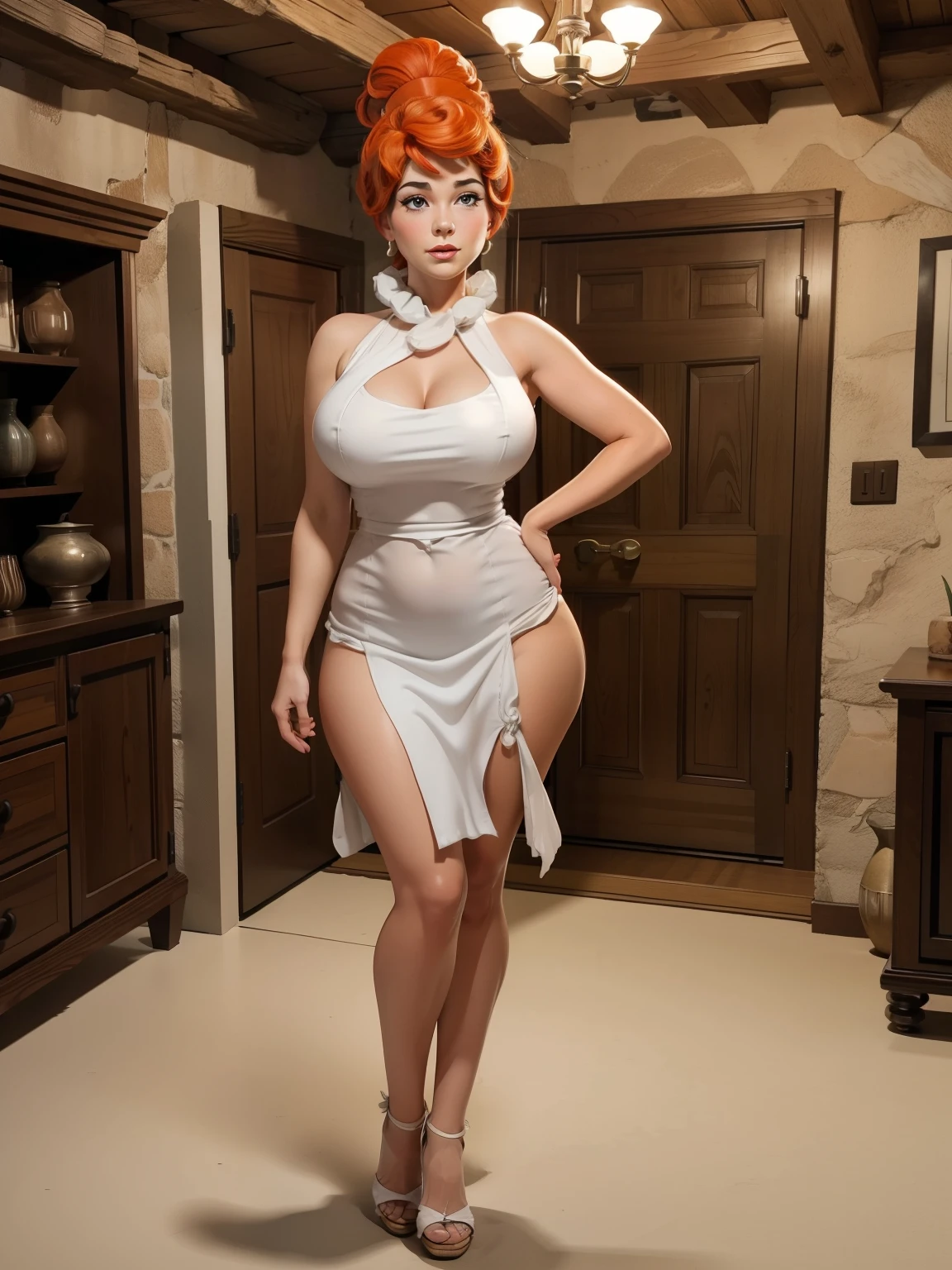 gorgeous woman ("Wilma Flintstone"), delicate face, delicate hands, perfect big breasts, wide hips, white rustic toga, in a jurassic house, full body view.