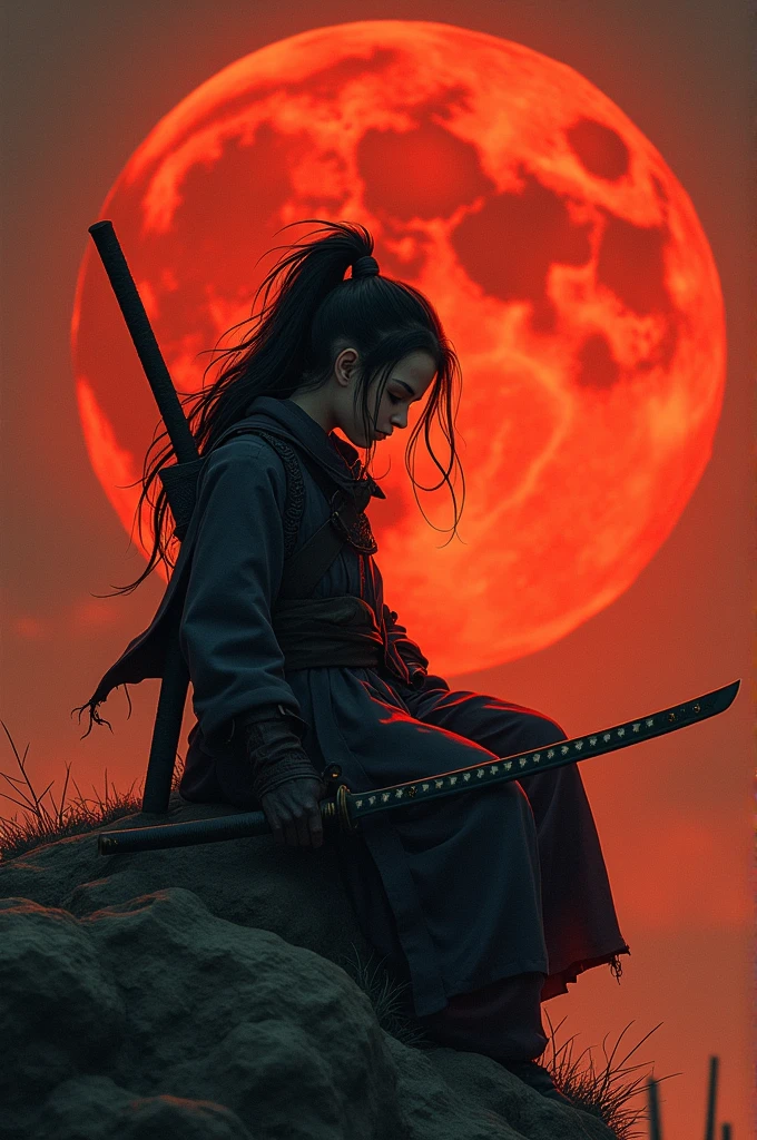 realistic photo. a boy with an upright body. long hair. carrying a complete weapon and a samurai sword. sitting on mustard while holding his weapon. background of a red moon on the battlefield.