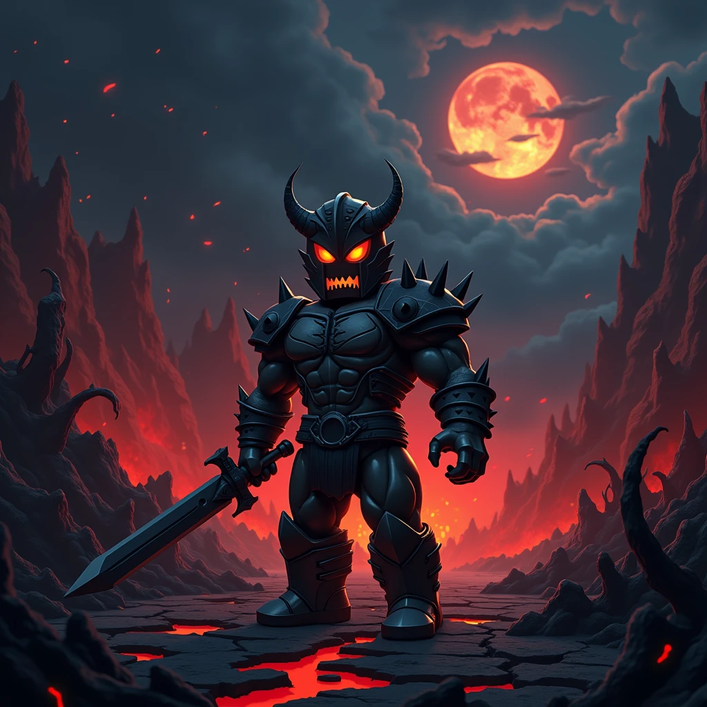 Ares god of war as a roblox character at night in hell (add text saying “God of RNG” in the background)