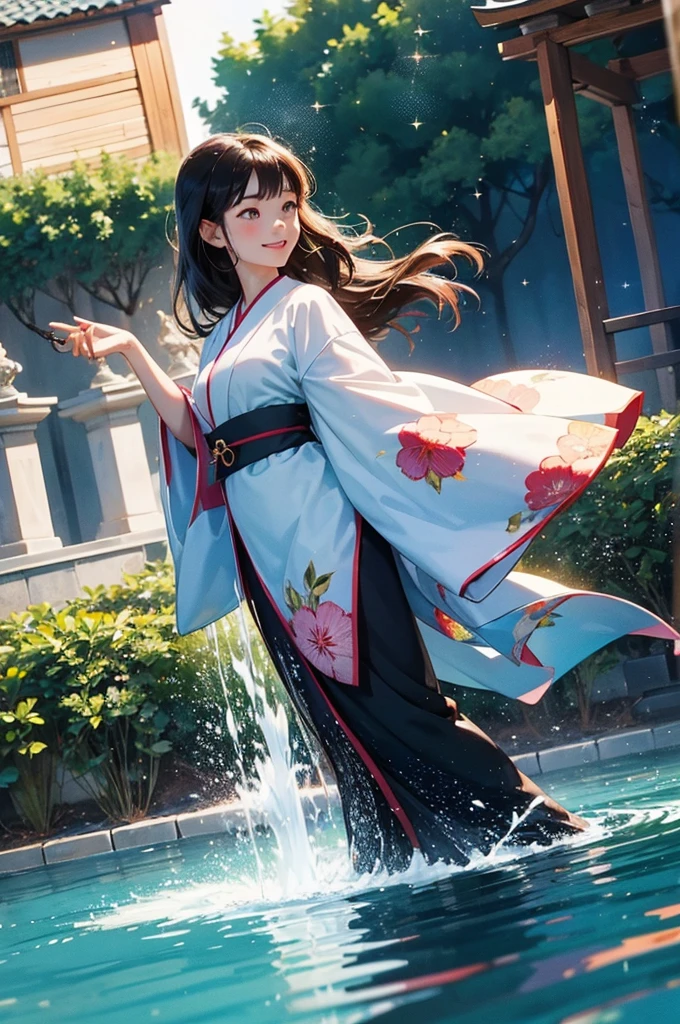 photoRealstic、Stand in front of the photo、A smile、Water droplets on the cheeks、In a cute pose、Flowing iridescent silk、up of face、Eye Up、Colorcon with heart pattern、Floral dress、Making a heart with both hands、There are also flowers in the foreground、flower petals、season!!: 夏天☀ 🍂