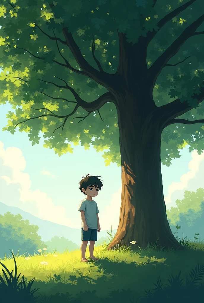 A boy standing under a tree shade
