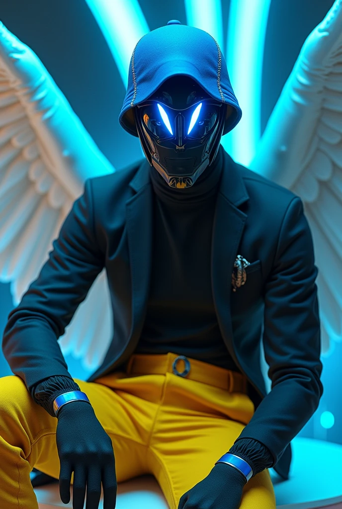 I want a male character with a blue cap, black mask, blue lights coming out of his eyes, black turtleneck shirt, yellow angelic pants, blue and black shoes.