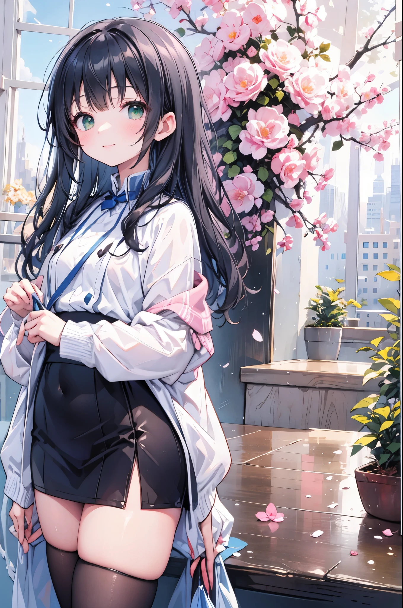 ((Highest quality, 8k, masterpiece: 1.3)), whole body,1 personの,1 person,,Glamorous Body,cute,With a smile,Black Hair,Beautiful emerald green eyes,long hair,While walking,stroll,Morning sunshine,White short-sleeved blouse,Gray mini skirt,Pink sneakers,summer,Big mountain in the background,