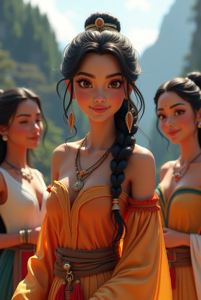 Make a realistic character like friends with princess mulan, princess belle and princess pocahontas