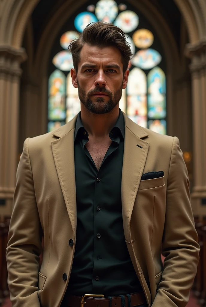 naughty man,2 , light tan, beard , short hair half-slanted eyes , with beige blazer and black shirt in the background of a church