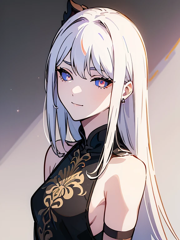 ((((masterpiece, Best Quality, Ultra-high resolution, Best illustrations)))), ((Portrait of a person standing against a white background)), (Very delicate and cute face, Sparkling Eyes), (((black sclera, small white iris))), A beautiful lady named "Sinza" in black is standing diagonally to the left alone., white long hair, large breasts, Her eyes are small white iris and black sclera., She wear black china dress and elbow gloves., full body portrait, evil smile,