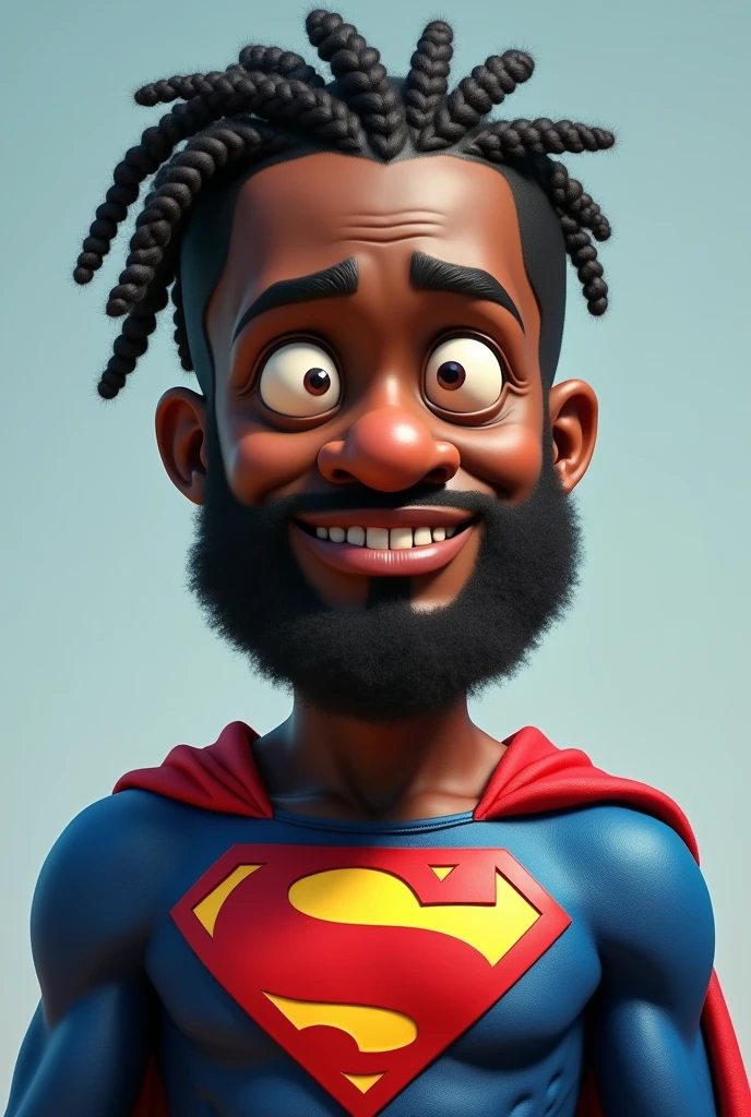 A black man with braid hair and big nose in superman dress with no beard and funny face