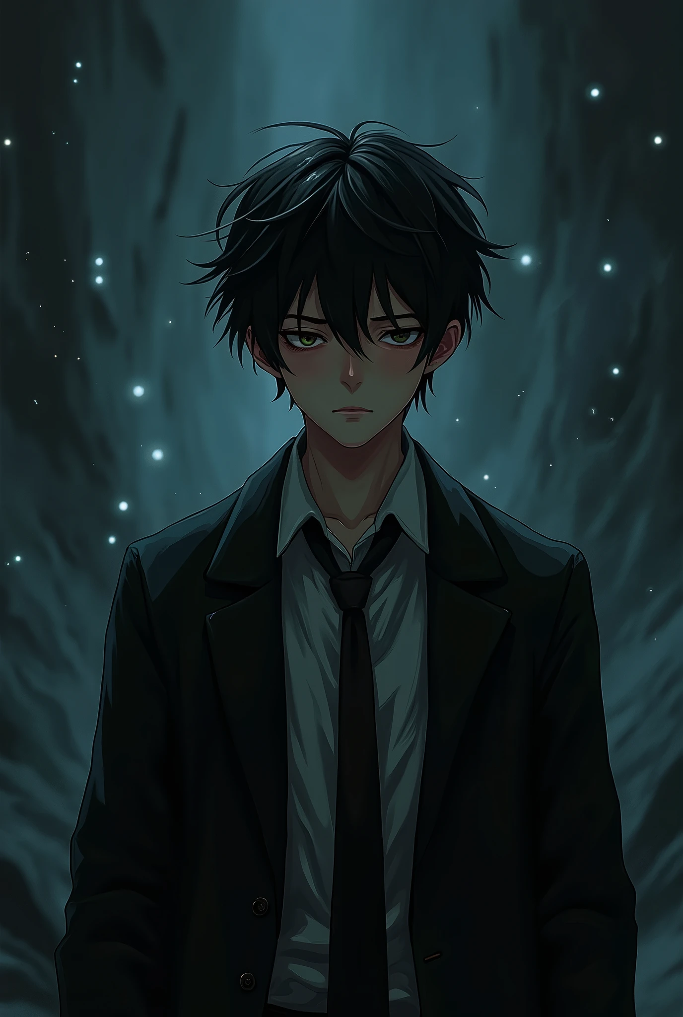 anime,black hair,male,Lab coat Black,tie(unbutton),eyes bags,black ground fantasy,sleeping
