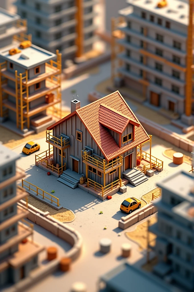 plansza gry z rusztowaniami i elementami budowlanymi z domem na środku w stylu 3D