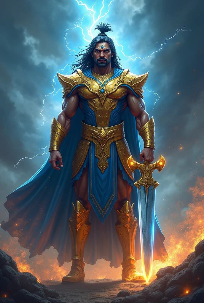 Create an image of an Indian superhero standing tall amidst a stormy landscape, surrounded by dark clouds and intense lightning. The superhero is clad in intricately designed armor, inspired by traditional Indian motifs, with a glowing aura that crackles with the energy of thunder and lightning. The armor should have vibrant gold and deep blue hues, symbolizing power and divinity. In his hand, he wields a massive sword that seems to be forged from the very essence of a storm, its blade shimmering with electrical energy. His expression is fierce and determined, ready to harness the power of nature in the battle against evil. The background should show flashes of lightning illuminating the dark sky, adding to the dramatic intensity of the scene.