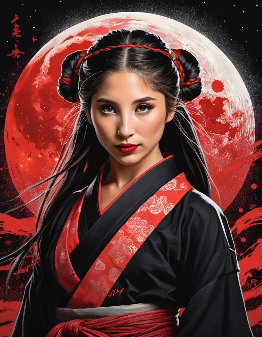 abella danger Black t-shirt featuring a vibrant, detailed graphic design on the front. The design showcases a young woman with light skin, large expressive eyes, and long, multicolored hair styled in two braids. She is wearing a red shirt underneath the braids. The background of the graphic is a red splatter effect, adding a dynamic contrast to the black shirt. Below the portrait, there is stylized text in white and red with a graffiti-like font, reading 'Vizzlae Albalel SciManac.' The overall design is bold and eye-catching, combining elements of street art and pop culture.Piper Perri Garza Supergirl 2023Failed Generation - A graceful kunoichi with a perfect body shape and flowing black hair wears a striking kitsune mask and brandishes a red kocard and katana on a moonlit roof. The full moon and blood-red moon cast an eerie glow on her as she exudes stealth and strength. This vivid image, whether a painting or photograph, captures the mysterious allure of a powerful female warrior in exquisite detail, with every element expertly rendered to create a mesmerizing and immersive experience for the viewer.