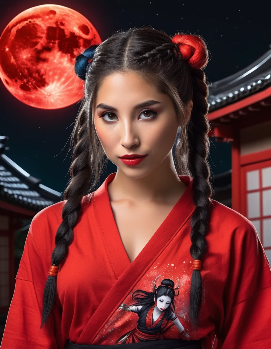 abella danger Black t-shirt featuring a vibrant, detailed graphic design on the front. The design showcases a young woman with light skin, large expressive eyes, and long, multicolored hair styled in two braids. She is wearing a red shirt underneath the braids. The background of the graphic is a red splatter effect, adding a dynamic contrast to the black shirt. Below the portrait, there is stylized text in white and red with a graffiti-like font, reading 'Vizzlae Albalel SciManac.' The overall design is bold and eye-catching, combining elements of street art and pop culture.Piper Perri Garza Supergirl 2023Failed Generation - A graceful kunoichi with a perfect body shape and flowing black hair wears a striking kitsune mask and brandishes a red kocard and katana on a moonlit roof. The full moon and blood-red moon cast an eerie glow on her as she exudes stealth and strength. This vivid image, whether a painting or photograph, captures the mysterious allure of a powerful female warrior in exquisite detail, with every element expertly rendered to create a mesmerizing and immersive experience for the viewer.