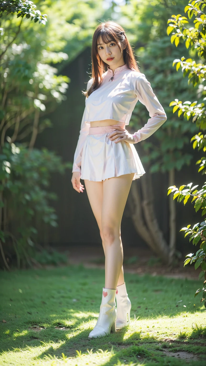 (8k、RAW Photos、Highest quality、masterpiece:1.2)、(Realistic、Realistic)、1 person、((White and pink miniskirt、Fantasy、Warrior Armor、See-through、garden、garden、Breast enlargement、boots、cool、Thin legs、whole body、View from the front、Looking into the camera、Stand with hands on hips))、cute
