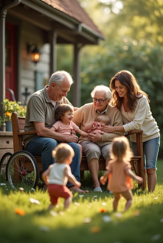 abuelo y su nieta de espaldas, Amanecer, pradera, tulipanes azules. Grandfather has light cream skin color and his granddaughter has black hair with pale white skin color in a blue dress sitting on the grass. abuelo tiene rostro rectangular es un poco gordo