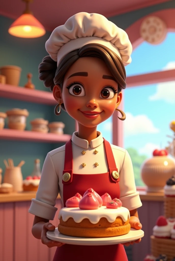 a 22 year old woman, black, hair blonde,smooth ass, bright and dark brown eyes, fine nose, peso78kg, cook hat, holding a cake with both hands, disney pixar.
in the background a candy store, display cases of bolo and tortas, name written sweet sky, sky realism