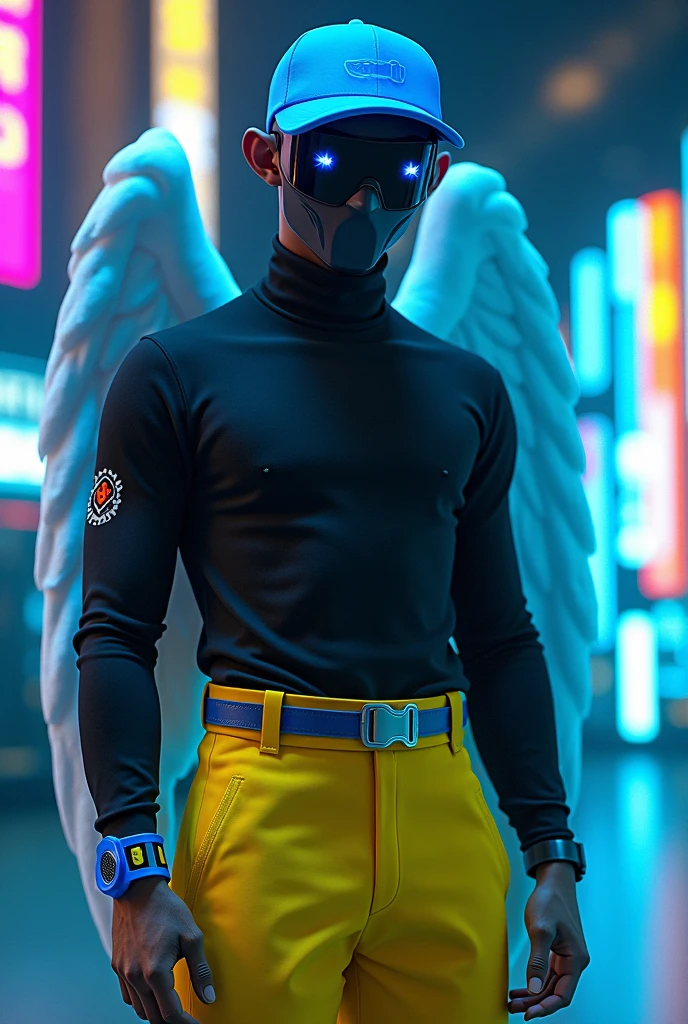 I want a male character with a blue cap, black mask, blue lights coming out of his eyes, black turtleneck shirt, yellow angelic pants, blue and black shoes.