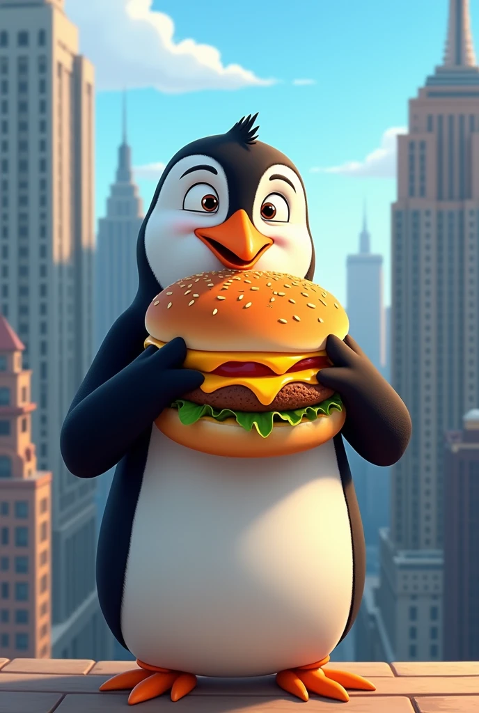 "Skipper joven, the leader of the penguins of Madagascar, with his black and white suit, taking a bite out of a large cheeseburger in his right hand, looking straight ahead, Expression of satisfaction, cartoon style, New York City Background"