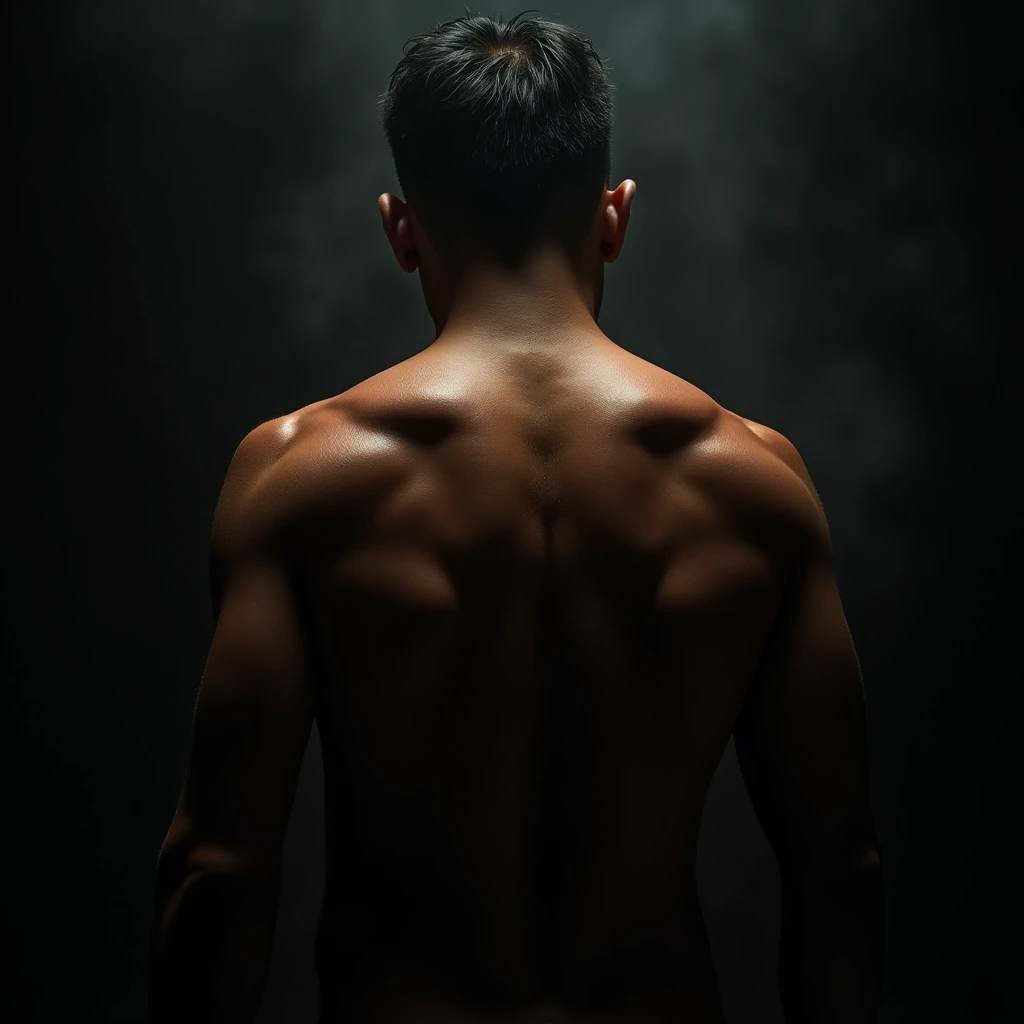 a handsome Asian man, , wet, standing on his back showing his ass, dramatic lighting, hyper-realistic, 8k, high quality, intricate details, cinematic composition, glowing skin, dramatic atmosphere, moody lighting