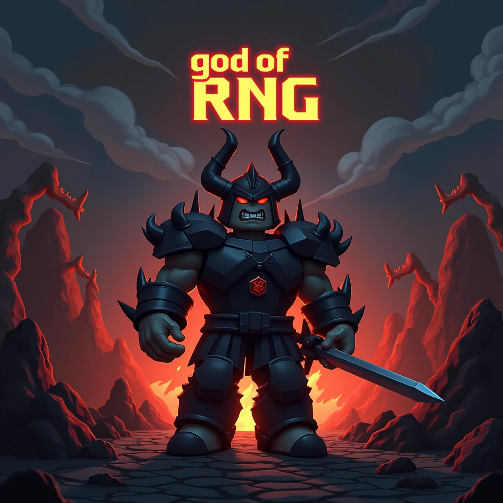 Ares god of war as a roblox character at night in hell (add text saying “God of RNG” in the background)