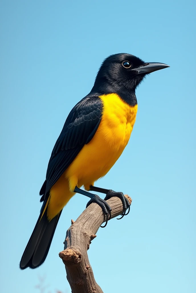 A bird of the species Cacicus haemorrhous black-winged yellow, on a branch of a tree and the clear sky 