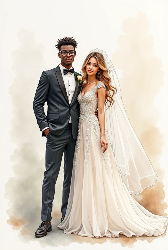 Create a watercolor-like drawing of a girl dressed as a bride with white skin and curly hair and a boy dressed as a groom with dark to light black skin and glasses who appear looking forward for a wedding invitation