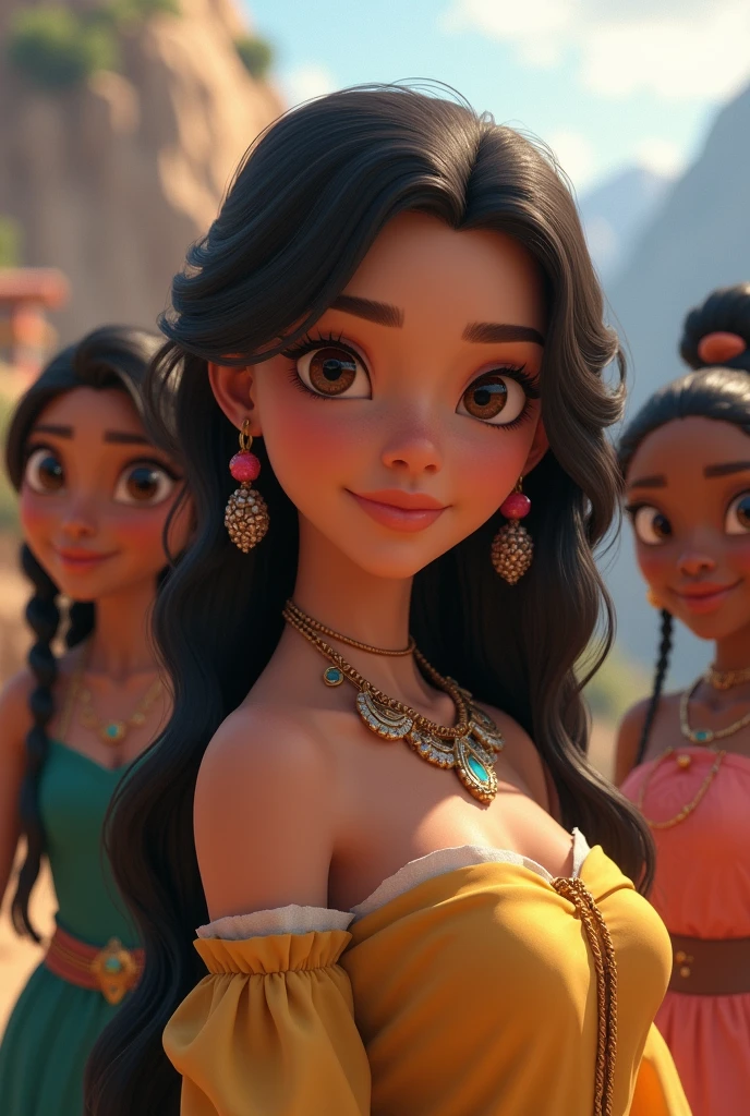 Make a realistic character like friends with princess mulan, princess belle and princess pocahontas
