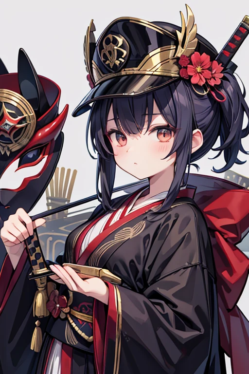 yukata,Masquerade Mask,military cap,holding sword,female,old,black mantle,cool,masterpiece,best quality,super detailed,super fine illustration