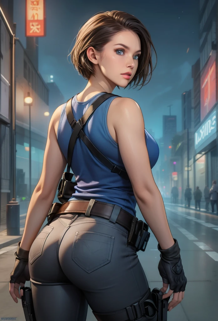 perfect eyes:1.2, detailed eyes:1.4, Jill Valentine, serious, blue shirt, short hair, chestnut hair, blue eyes, gloves, jewelry, black gloves, belt, pants, fingerless gloves, lips, gun, tank top, holster, thigh holster, cowboy shot, 1girl, solo, (masterpiece:1.6, best quality), 8k, insane details, intricate details, hyperdetailed, hyper quality, high detail, ultra detailed, professional, HDR, ray tracing reflection, cinematic lighting,