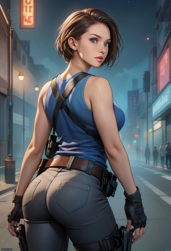 perfect eyes:1.2, detailed eyes:1.4, Jill Valentine, serious, blue shirt, short hair, chestnut hair, blue eyes, gloves, jewelry, black gloves, belt, pants, fingerless gloves, lips, gun, tank top, holster, thigh holster, cowboy shot, 1girl, solo, (masterpiece:1.6, best quality), 8k, insane details, intricate details, hyperdetailed, hyper quality, high detail, ultra detailed, professional, HDR, ray tracing reflection, cinematic lighting,