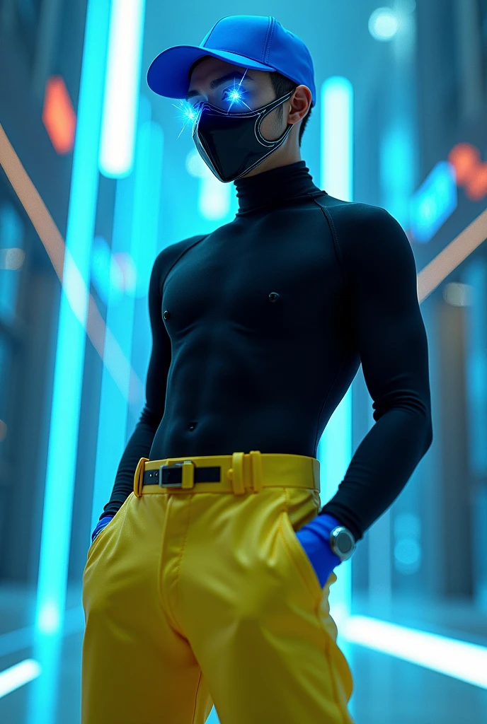 I want a male character with a blue cap, black mask, blue lights coming out of his eyes, black turtleneck shirt, yellow angelic pants, blue and black shoes.