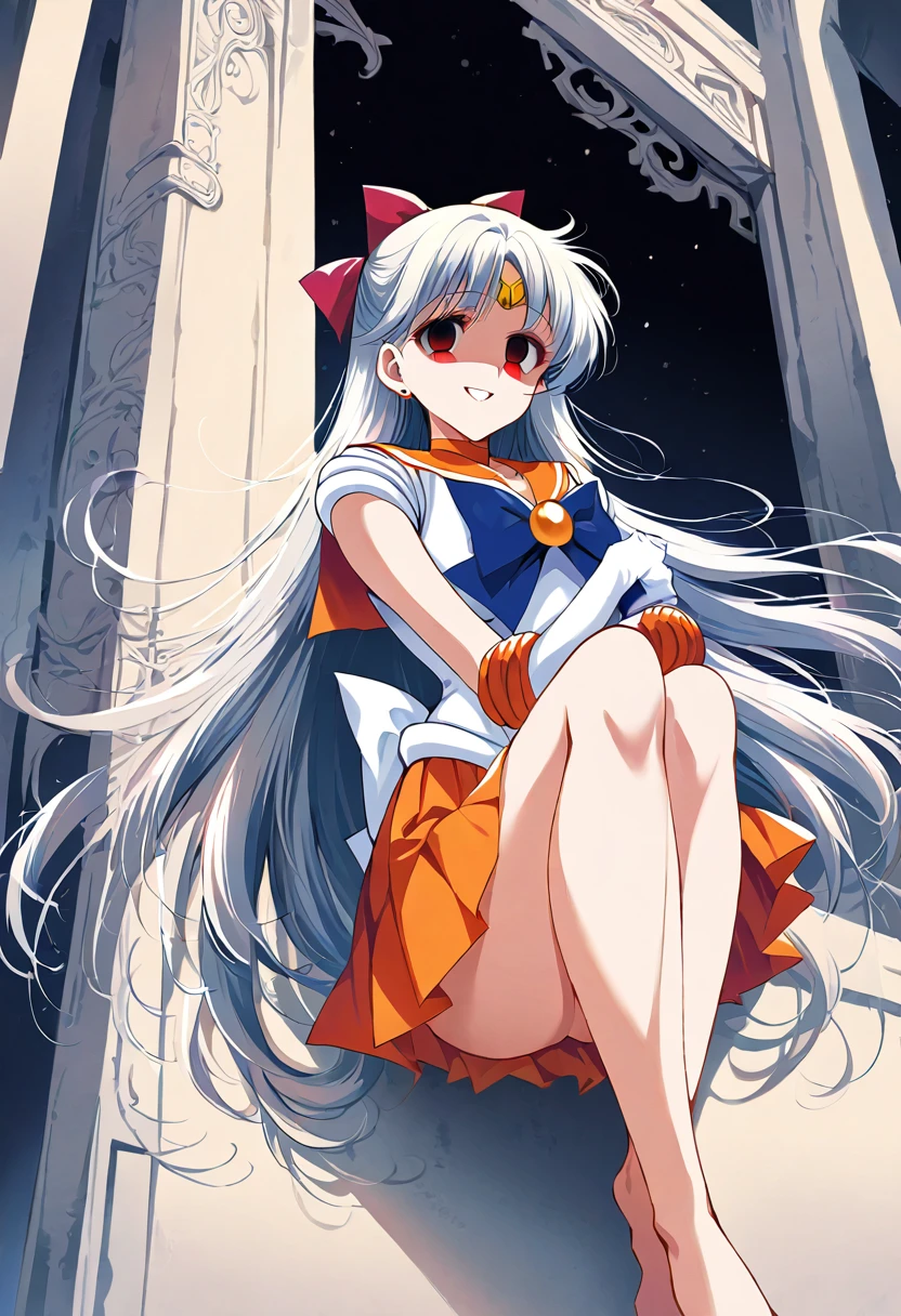 (masterpiece, Highest quality, so beautiful, Very detailed), Intricate details, 12k, Honestly,Awe-inspiring, Long Hair, Blonde, Hair Ribbon, tiara, Earrings, blue eyes, Orange Choker, Orange sailor collar, Blue ribbon, White shirt, Elbow hand pockets, White gloves, Pleated skirt, Orange Skirt, barefoot, Are standing, Cowboy Shot,,(Wicked Smile:1.2), One person,(Silver Hair:1.4),(empty eyes,:1.4),From below,Watching the dawn,Dark aura,View your audience,(red eyes:1.2),