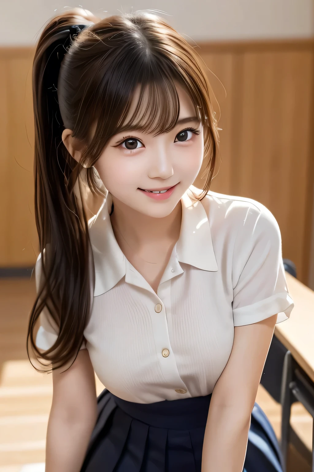 Create a hyper-realistic, ultra-high-resolution portrait of a young Japanese girl standing alone in a classroom. The image should focus on her face with a soft light that highlights the fine details, particularly the sparkling light in her eyes. She has a beautiful face with realistic human skin textures, captured in a RAW photo style. She is wearing a traditional Japanese high school uniform, which includes a sailor-style blouse and pleated skirt. Her hair is tied in a ponytail, and she is holding a small box while smiling warmly. The image should be full-body, showing her standing straight. The overall atmosphere should feel natural and authentic, emphasizing the high level of detail in her facial features, the texture of her skin, and the precise design of her school uniform.