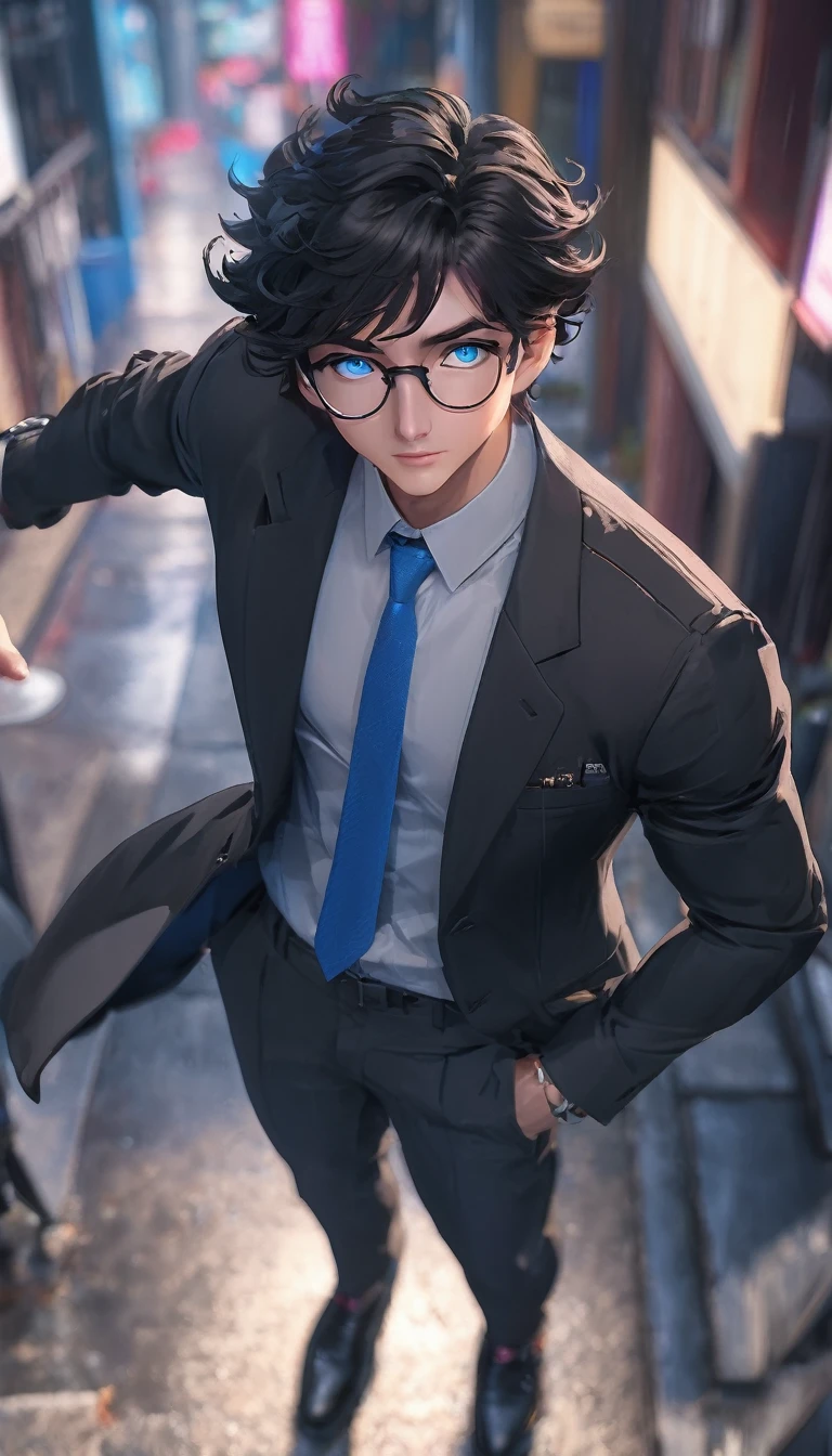 (best quality,4K,8K,high resolution,masterpiece:1.2),Very detailed,(Practical,photoPractical,photo-Practical:1.37),1 person,Mature man,Beautiful Skin、contour、very handsome,wear glasses，Black curly hair,Smile,,blue eyes,Sharp eyes,Undoubtedly perfect face,Office Background,Cinema Lighting,hdr image,Black T-shirt