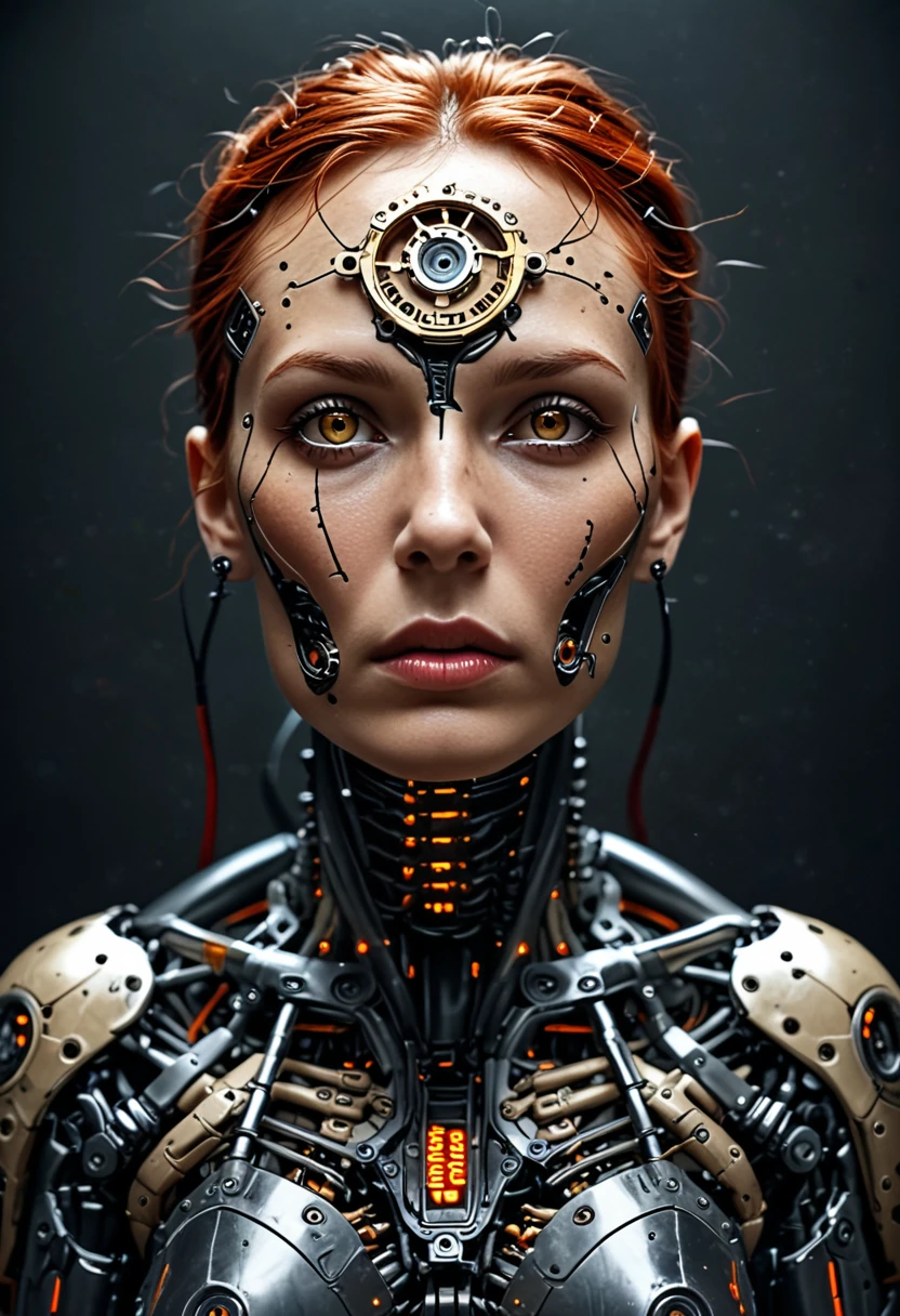 A futuristic cyborg's face fills the frame, split by a metallic-organic dichotomy. Metallic half: gears whirring, wires snaking, mechanical parts clicking. Organic half: black ink tattoos swirl, symbols blend seamlessly into metal. Eyes: cybernetic gold glow on one side, piercing natural intensity on the other. Red-black abstract background complements the face. High contrast emphasizes intricate details: circuitry patterns, shapes, and gears merge in a technological-human fusion.