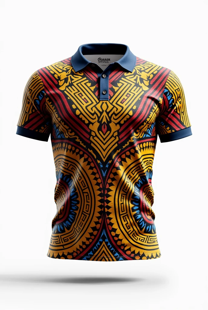 Create rugby jersey maori tribe full pattern yellow red blue retro round neck collar white background