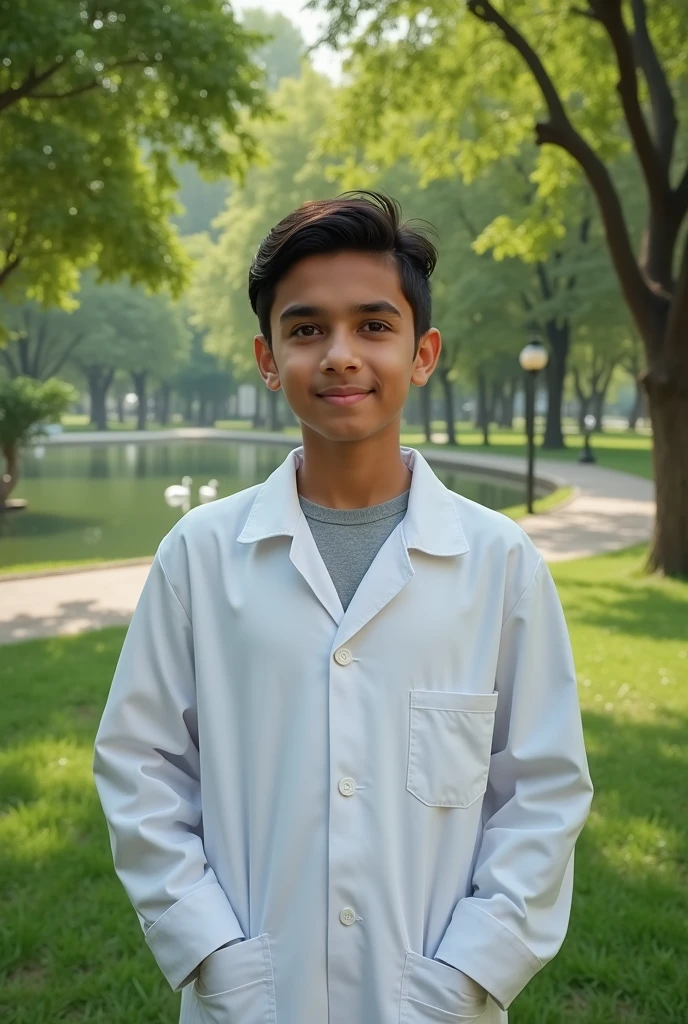 Make a Pakistan boy who standing in park and wearing Doctor Coat.