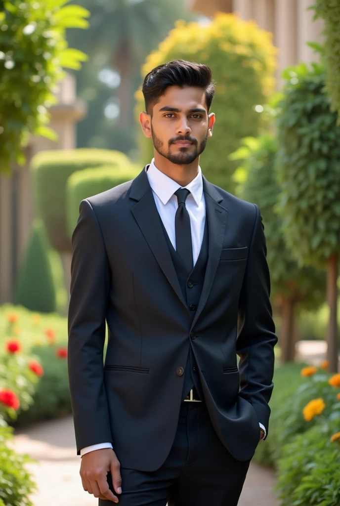 18 year old Indian boy handsome wearing formals posing for Nadeem beautiful gardens in background