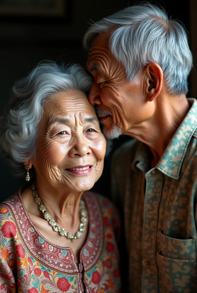 Generate a hyper-realistic photo portrait of a 90-year old Filipino husband and wife, both with gray hair and wrinkled skin. The wife is facing the camera, her expression serene and content. She wears traditional Filipino attire, such as a barong Tagalog or a Filipiniana dress. The husband, standing behind her, leans in to kiss her on the side of her forehead. His eyes are closed, and he has a gentle smile on his face. The couple's love and affection for each other are evident in their body language and expressions. The background is blurred, focusing attention on the couple's intimate moment. Consider the couple's specific features, such as their eye color, skin tone, and clothing style.

Think about the lighting and setting for the portrait. A natural, soft light source would create a warm and inviting atmosphere. Pay attention to the details, such as the couple's hands, the wrinkles on their faces, and the texture of their clothing