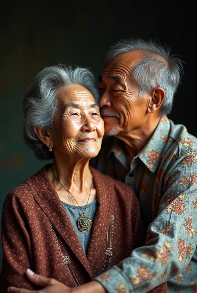 Generate a hyper-realistic photo portrait of a 90-year old Filipino husband and wife, both with gray hair and wrinkled skin. The wife is facing the camera, her expression serene and content. She wears traditional Filipino attire, such as a barong Tagalog or a Filipiniana dress. The husband, standing behind her, leans in to kiss her on the side of her forehead. His eyes are closed, and he has a gentle smile on his face. The couple's love and affection for each other are evident in their body language and expressions. The background is blurred, focusing attention on the couple's intimate moment. Consider the couple's specific features, such as their eye color, skin tone, and clothing style.

Think about the lighting and setting for the portrait. A natural, soft light source would create a warm and inviting atmosphere. Pay attention to the details, such as the couple's hands, the wrinkles on their faces, and the texture of their clothing