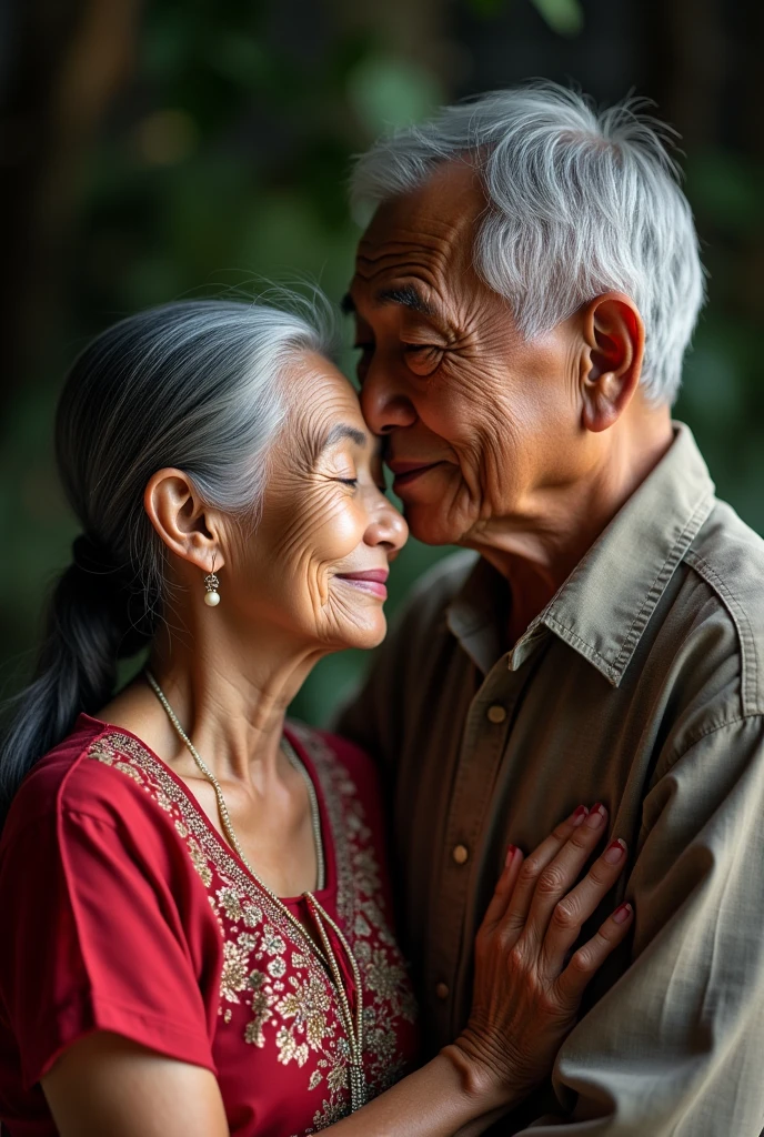 Generate a hyper-realistic photo portrait of a 90-year old Filipino husband and wife, both with gray hair and wrinkled skin. The wife is facing the camera, her expression serene and content. She wears traditional Filipino attire, such as a barong Tagalog or a Filipiniana dress. The husband, standing behind her, leans in to kiss her on the side of her forehead. His eyes are closed, and he has a gentle smile on his face. The couple's love and affection for each other are evident in their body language and expressions. The background is blurred, focusing attention on the couple's intimate moment. Consider the couple's specific features, such as their eye color, skin tone, and clothing style.
Think about the lighting and setting for the portrait. A natural, soft light source would create a warm and inviting atmosphere. Pay attention to the details, such as the couple's hands, the wrinkles on their faces, and the texture of their clothing