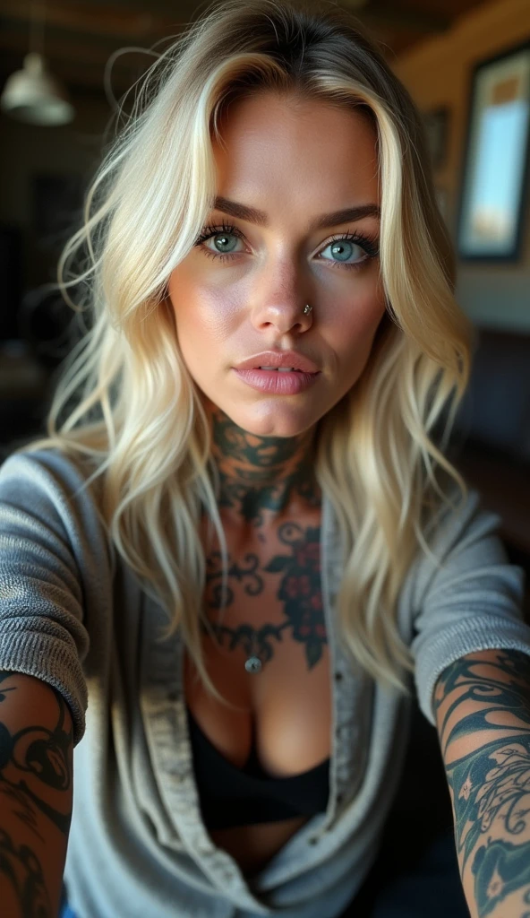 Selfie, Wink, cute babyface woman, attractive and seductive expression, Shy, blonde straight hair, forehead, the picture, blue eyes, Excellent body proportions, covered with tattoos, wears loosely knitted shirt, tight-fitting leather trousers, Engineer boots, artistic, hyper, graphic CG digital art