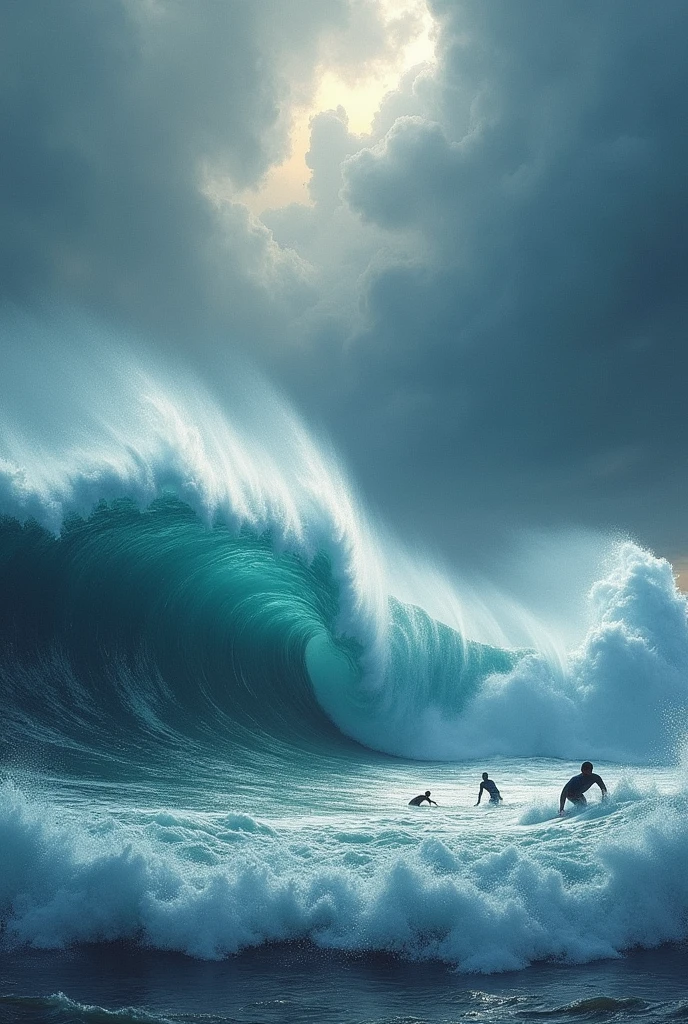 Sea with giant waves and surfers surfing