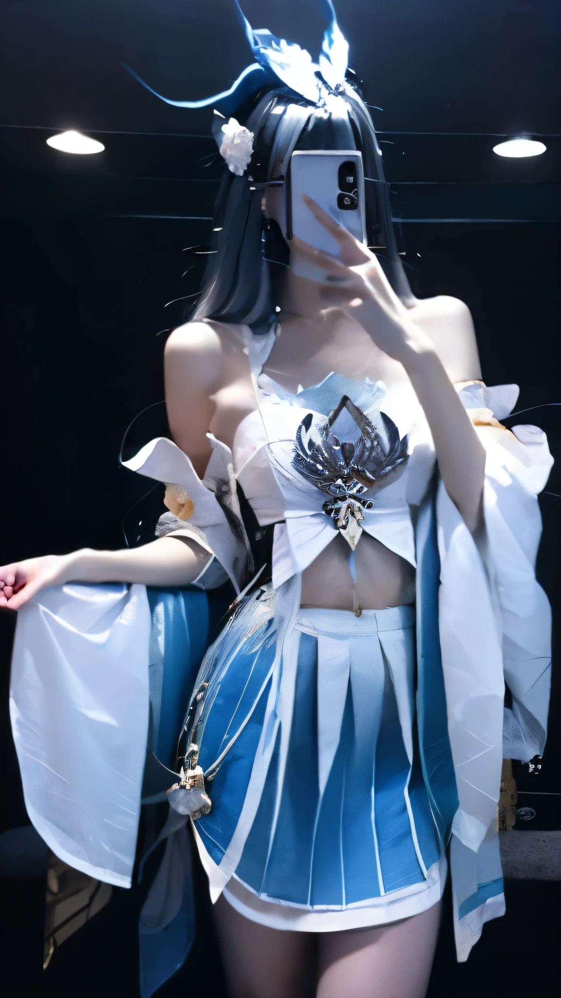 best quality, masterpiece,Ultra-high resolution,Clear face,(Reality:1.4),Face Focus (Reality:1.50), Ultra-thin face,Ambient Lighting,Japanese Girls,Girl,Looking at the audience, Medium Breast,1 Girl,,masterpiece,best quality,High target quality,High target clarity,High target quality的纹理,High target quality的阴影,High target details,Beautiful details,Fine details,Detailed texture,lifelike面部表现,lifelike,Colorful,Beautifully,Clear focus,(Intricate details,Pure face_v1:0.5),(Beautifully face with beautiful details,(Beautifully eyes),Perfect proportion face,High targetSkin details,Skin details,best ratio of four fingers and one thumb,emaciated:1.3),1 girl,,High target,(Smooth abs:1.55),beautiful,perfect,High target,Blue and white skirt,Beautifully Skirt,chiffon,shawl,ribbon((Bare shoulders)), , (Long legs),(Straight Legs),(Thin waist),((White skin)),White skin,((White skin)),Blue-gray hair,Standing,Looking at the audience,whole body,The thighs can be seen,Portrait of cute blue-gray-haired girl,Shut up,Smile,indoor,Simple background,White background,wind,A strand of hair,Headband,lifelike,High target quality渲染,Amazing Art,High target quality,role play,Honor of Kings,shih tzu,You Long Qingying