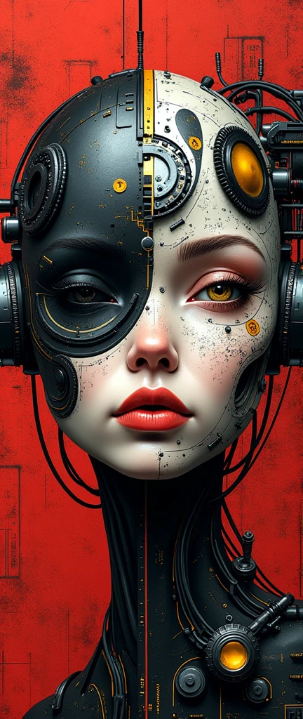 A futuristic cyborg's face fills the frame, split by a metallic-organic dichotomy. Metallic half: gears whirring, wires snaking, mechanical parts clicking. Organic half: black ink tattoos swirl, symbols blend seamlessly into metal. Eyes: cybernetic gold glow on one side, piercing natural intensity on the other. Red-black abstract background complements the face. High contrast emphasizes intricate details: circuitry patterns, shapes, and gears merge in a technological-human fusion.