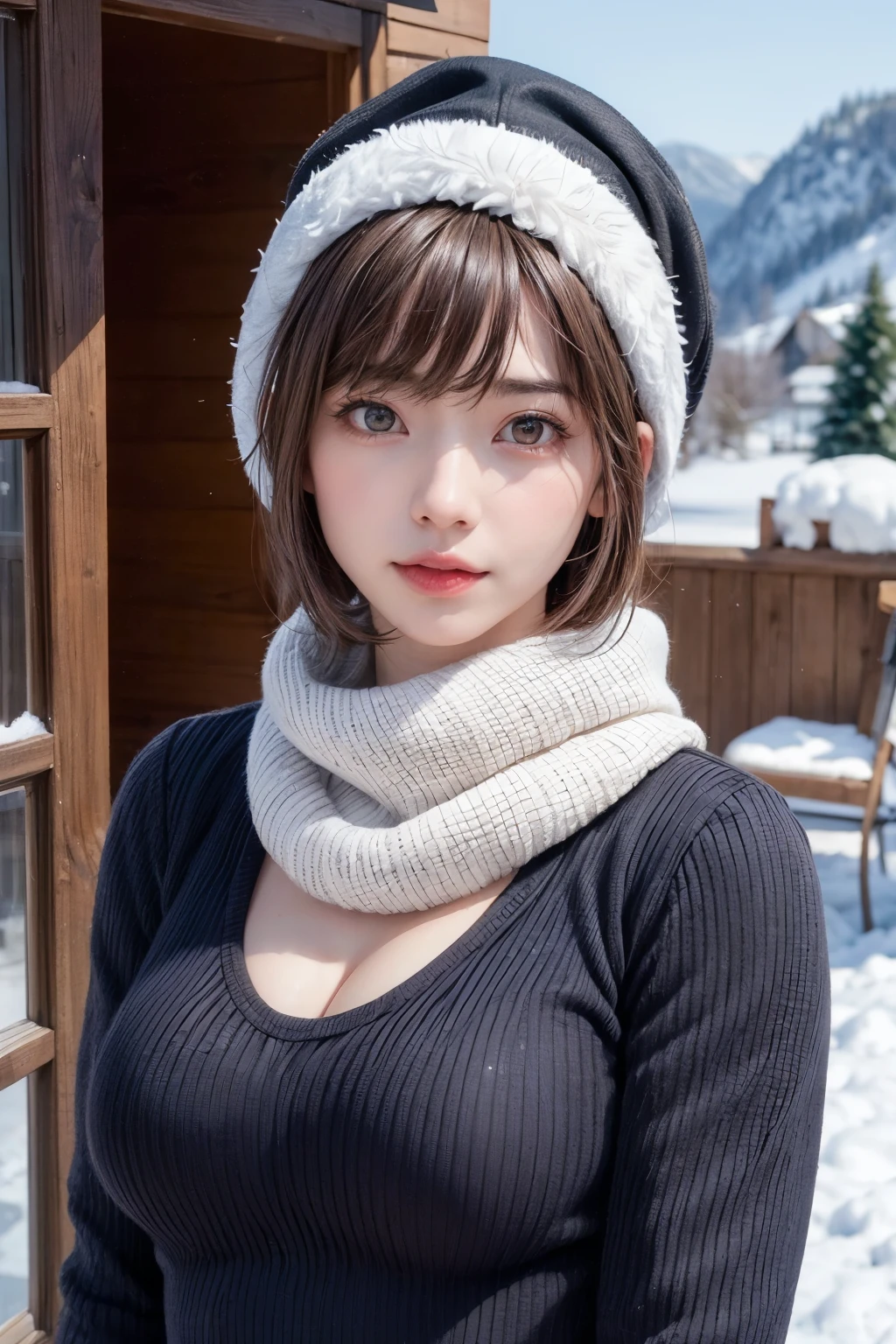 (masterpiece, Highest quality),One Girl, alone, Black-haired, scarf, Have, Realistic, Realistic, Looking at the audience, Light-coloured black eyes, Short brunette bob, Brown coat, Winter clothes, White headscarf, lips, prohibit, Plein Air, Mouth closed, Upper Body、Big eyes、eyelash、((Beautiful night scenery with sparkling snow falling、Large snowflake motif、A beautiful, empty, snowy night scene、Snow Scene))、(((Short bob hair with bangs、Shiny Hair、Big eyes、large full chest、Highlights the eyes、Gazing at the audience、Beautiful beauty、Listen carefully、Long neck、Laugh a little、Please close your mouth and laugh、Ideal body type)))、{Huge|big|Hugeな|Mega} chest:2, chestの谷間:2、