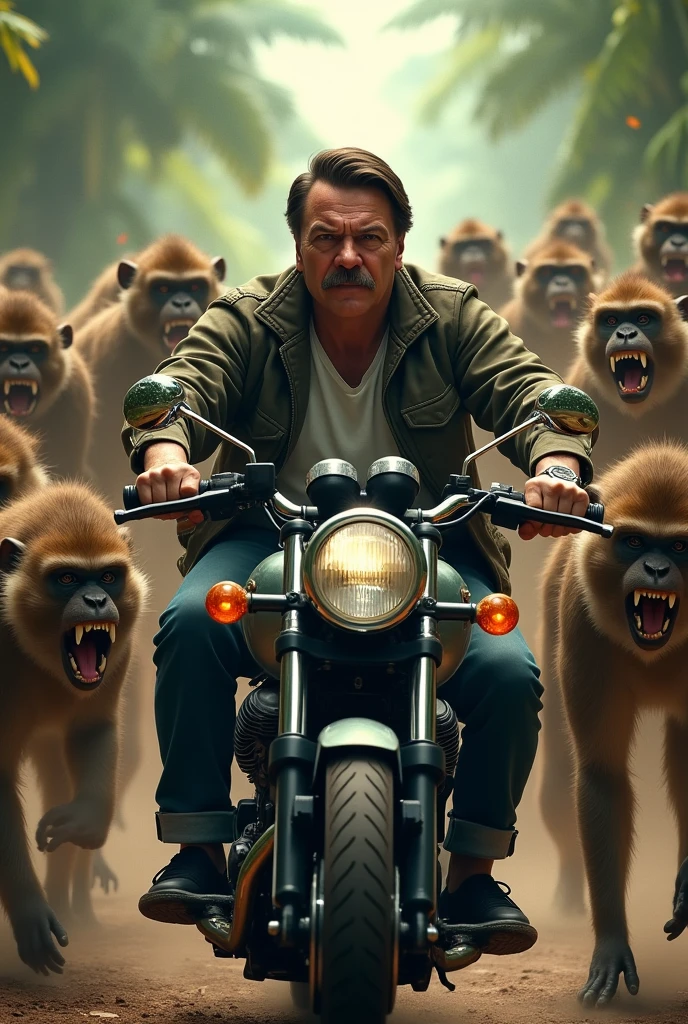 JAIR MESSIAS BOLSONARO RIDING A MOTORCYCLE WITH ANGRY MONKEYS.