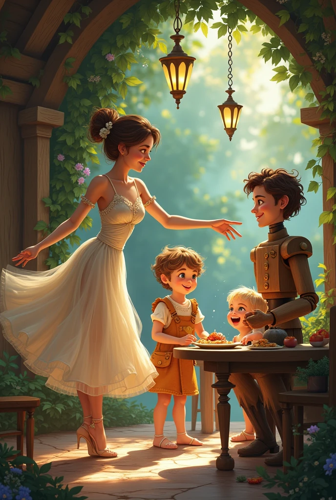 A dancer eating with a wooden soldier and two more animated children