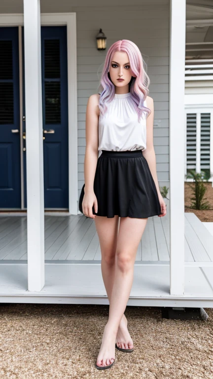 Front porch of suburban house, pastel goth, sexy goth girl, photo of cute 20 year old Italian redhead women, bare foot, short skirt, standing, full body picture, no lipstick, no tattoos, cinematic shot, hard shadows, photorealistic, cute face, looking at the viewer, photography, raw photo, white rainbow hair, detailed skin, sexy goth girl, face blush, front porch of suburban house, pastel goth, sexy goth girl, photo of cute 20 year old Italian redhead women, bare foot, short skirt, standing, full body picture, no lipstick, no tattoos, cinematic shot, hard shadows, photorealistic, cute face, looking at the viewer, photography, raw photo, white rainbow hair, detailed skin, sexy goth girl, face blush. Realistic, perspective, religious or mythological themes, highly detailed
