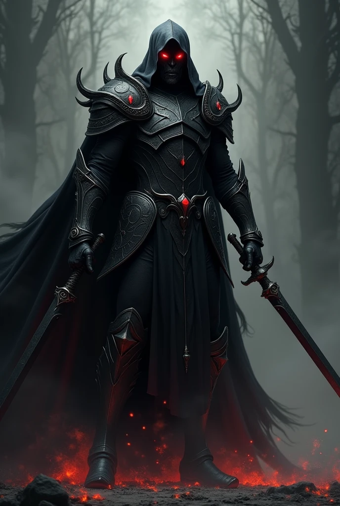 A man wearing black armor, giving off a demonic vibe, with two red eyes, a black cloak, and two black swords in his hands.